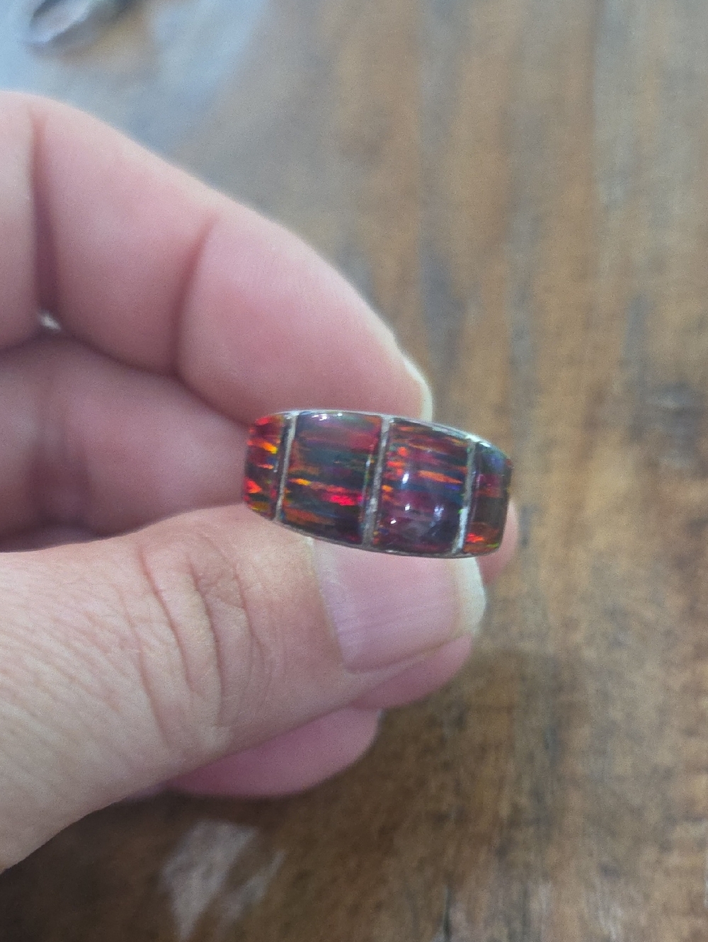 Sterling Silver Red Opal Inlay Band Ring - Women Jewelry